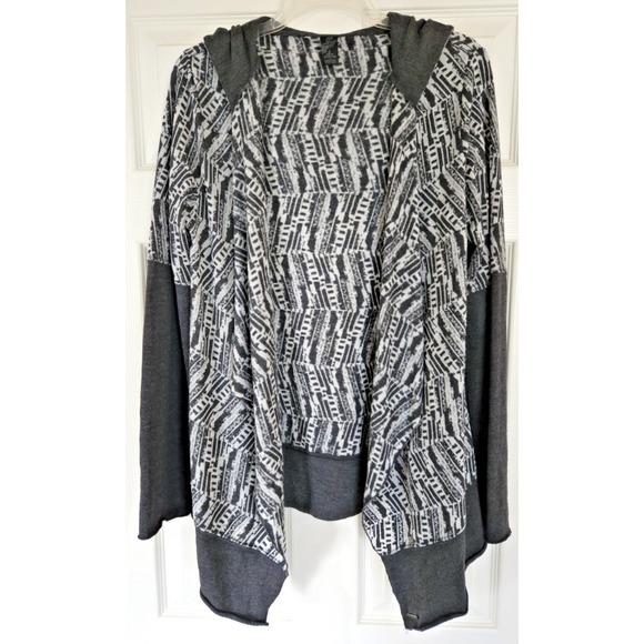 Prana Sweaters - Prana Womens M Gray Geometric Tribal Print Open Front Hooded Cardigan Sweater